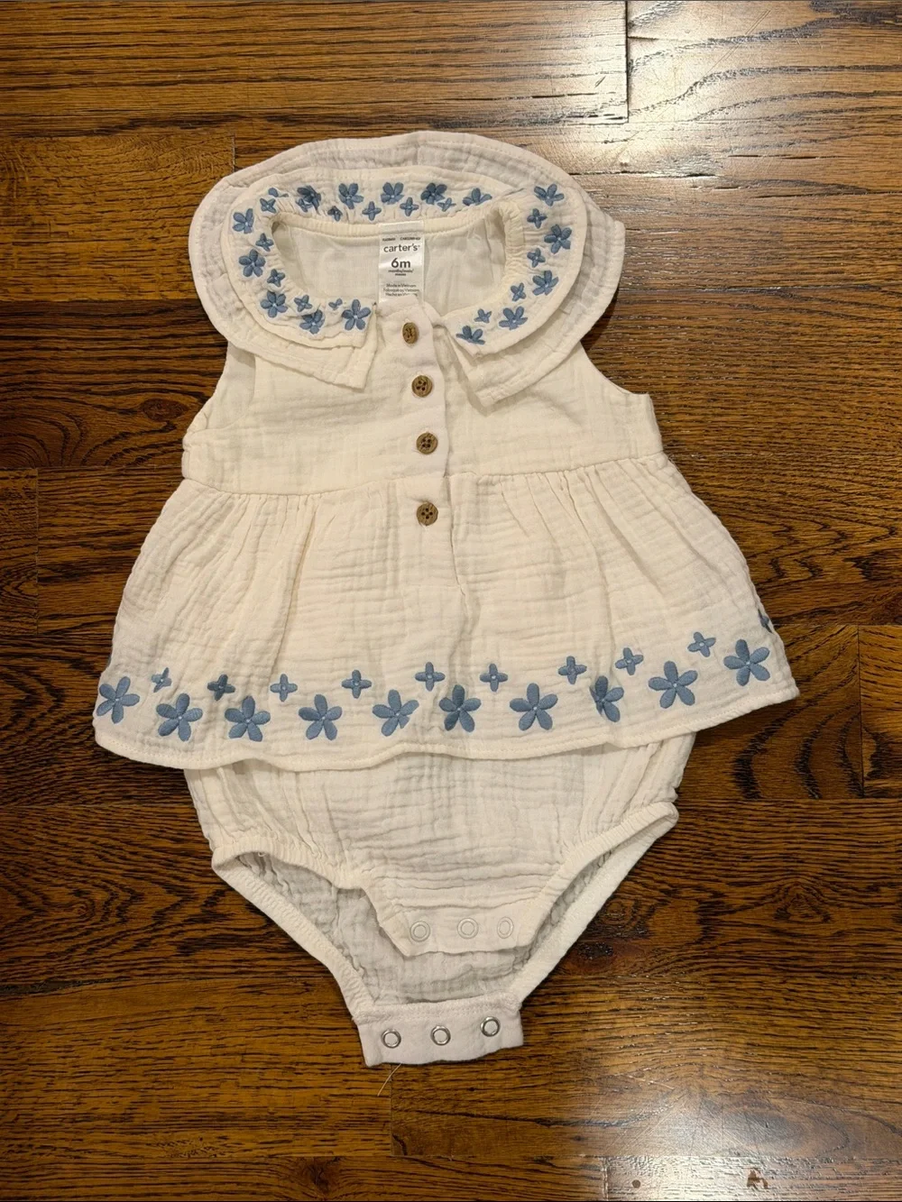 Carter's White Dress-Style Bodysuit with Blue Floral Embroidery